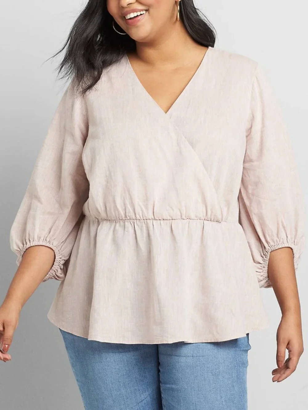 NWT Lane Bryant Linen Crossover Peplum Top 22 Plus Size Blush Taupe Neutral
